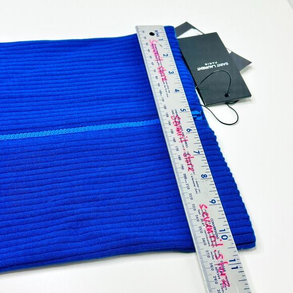 YSL Saint Laurent Size M Ribbed Knit Strapless Top Front Zip Blue NWT $690 - Picture 11 of 12
